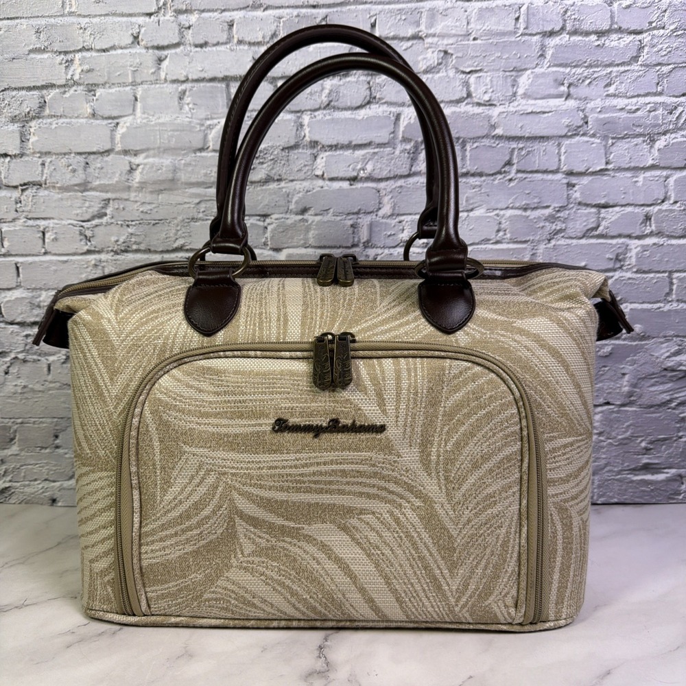 Tommy Bahama Shandy Weekender Cosmetic Travel Bag Tan/Cream‎ Palm-Frond 15x10x8"